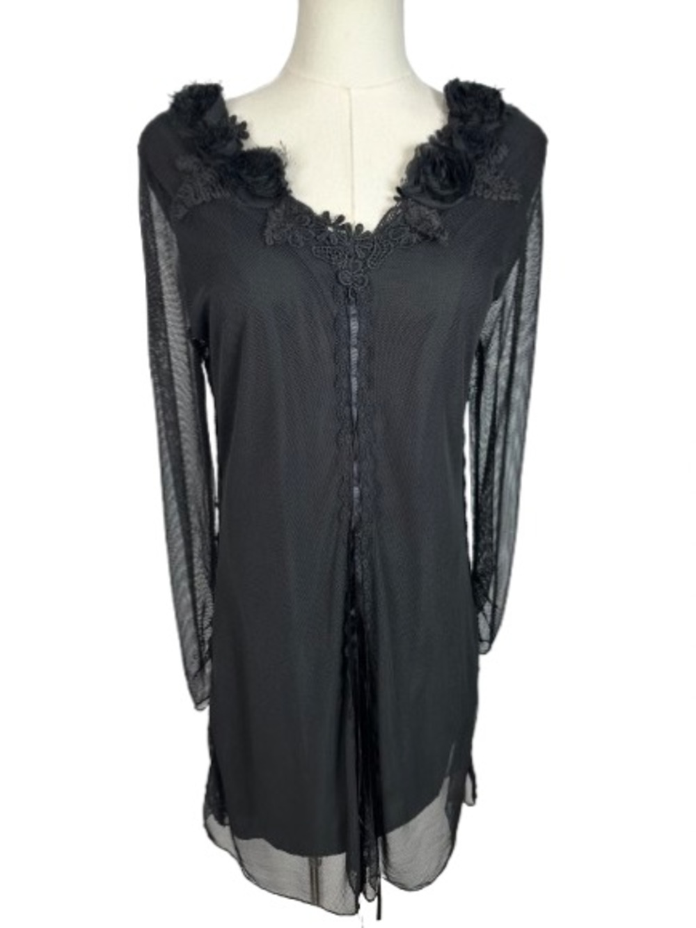 🌟 SALE 🌟 Pretty Angel Black Sheer Floral-Trim Long Sleeve Dress Size L